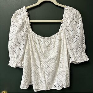 Tuckernuck Pomander Place White Eyelet Puff Sleeve Cotton Blouse Womens Small